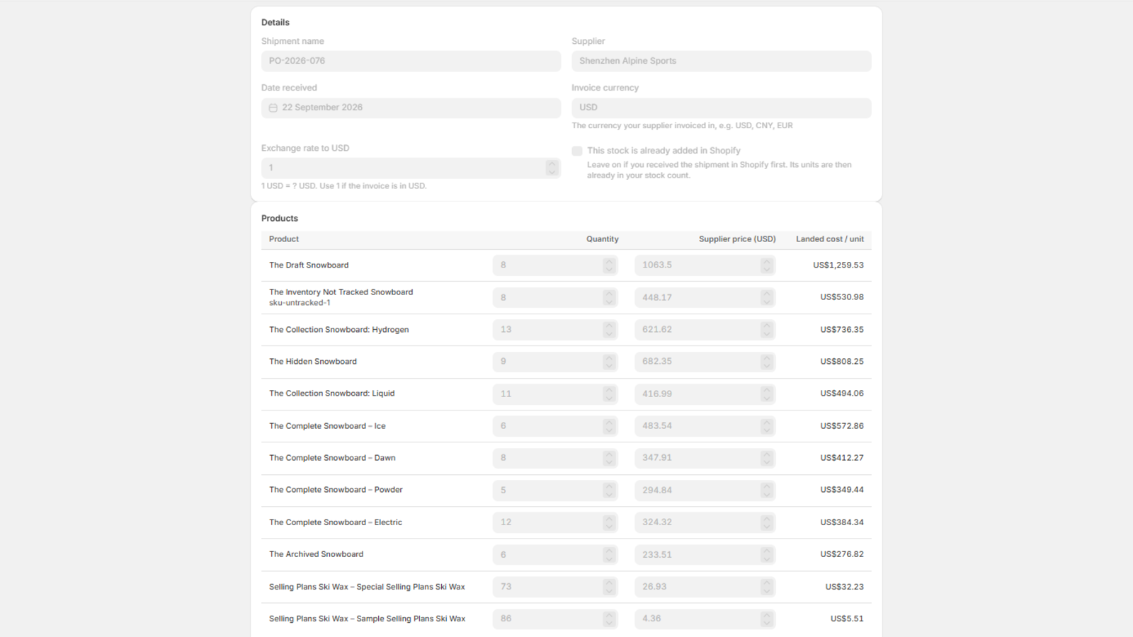 Landrio shipment screen showing freight and duty split across products